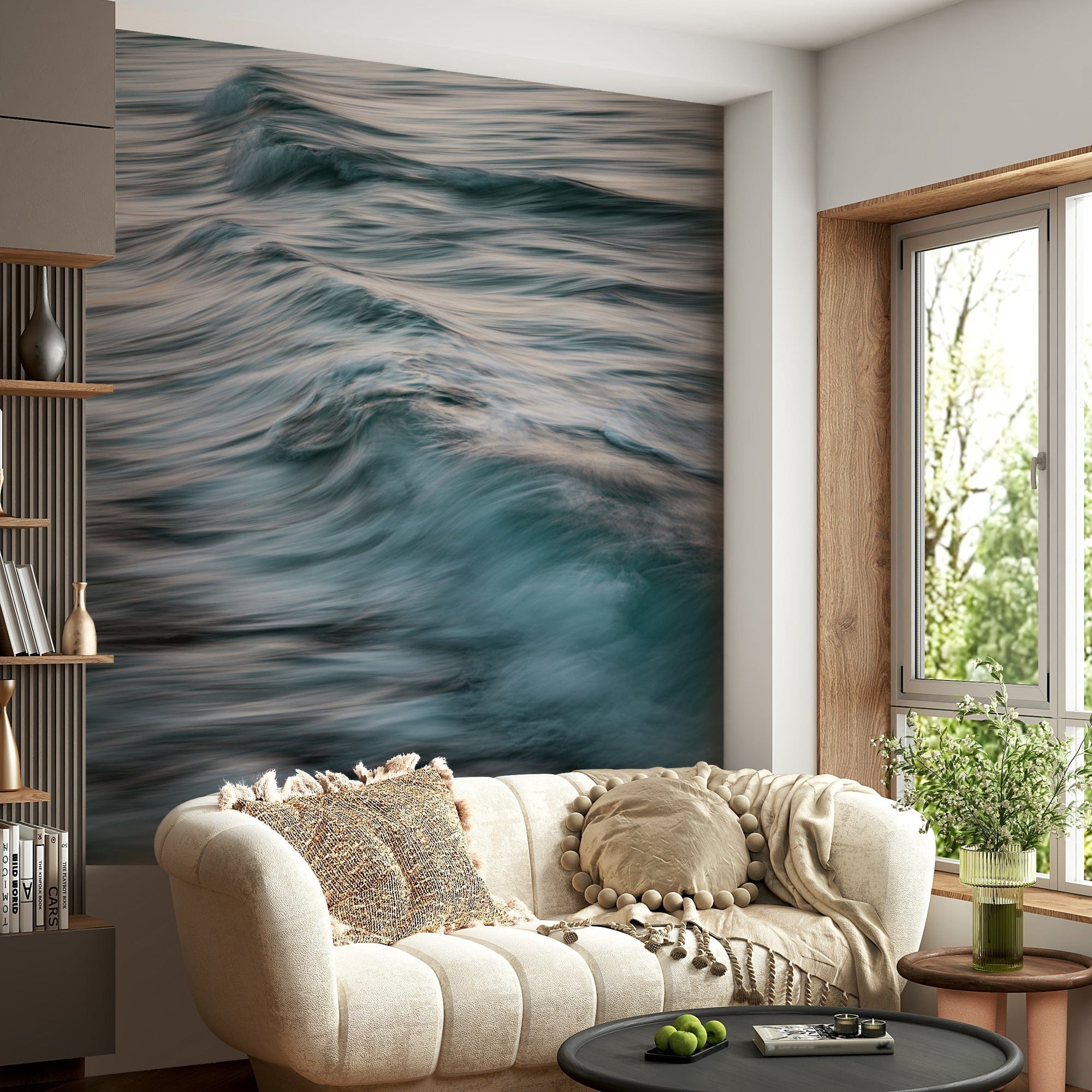 A high-angle view of the wall mural in a large space.

