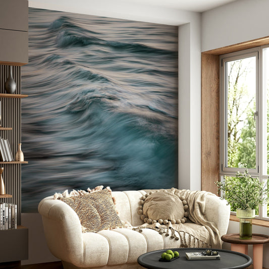 A high-angle view of the wall mural in a large space.

