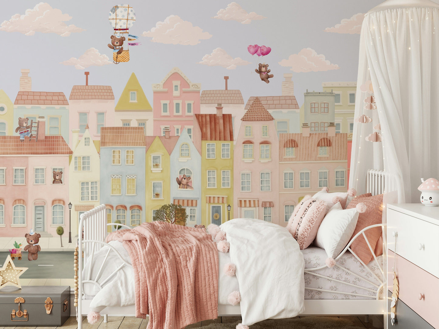 Children’s room wallpaper mural with teddy bears and tiny shops, cozy color theme, wall decor