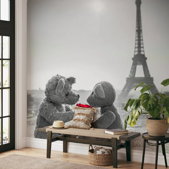 Teddy Bears in Love wallpaper mural with two bears and a red rose by the Eiffel Tower above an entryway bench