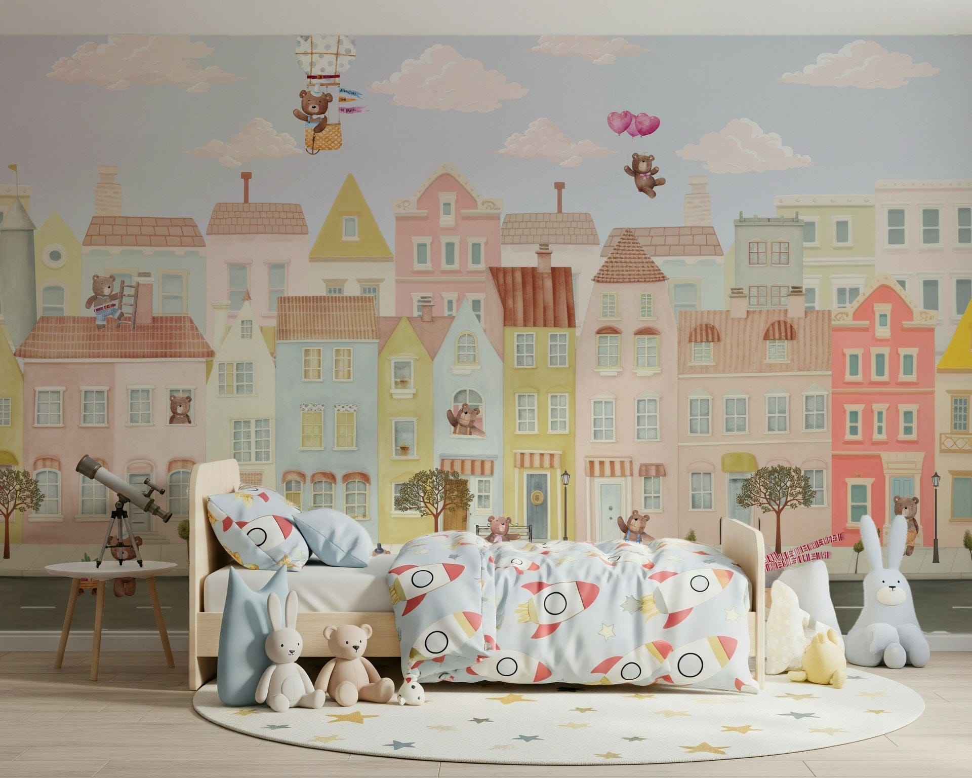 Neutral kids bedroom mural with teddy bear village illustration, soft color blocks, calm backdrop