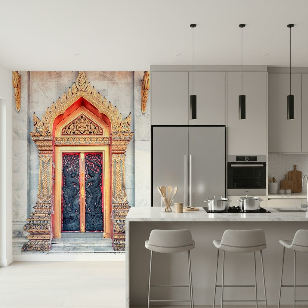 Temple gate scene wallpaper in reading nook, carved details and balanced tones