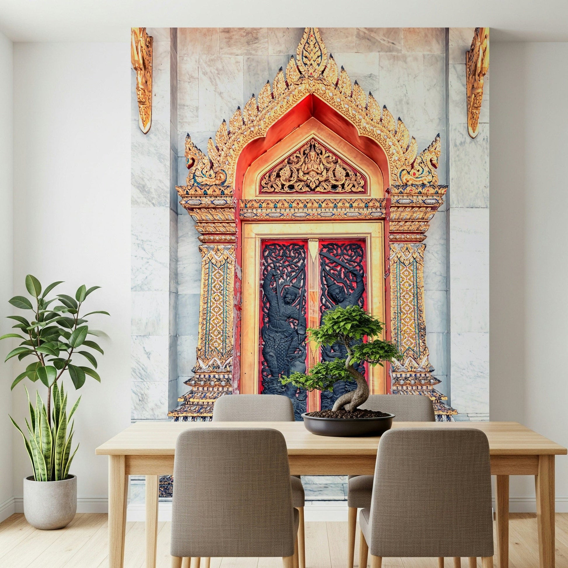 Ornate temple entrance mural in entryway, statement wall behind wood console