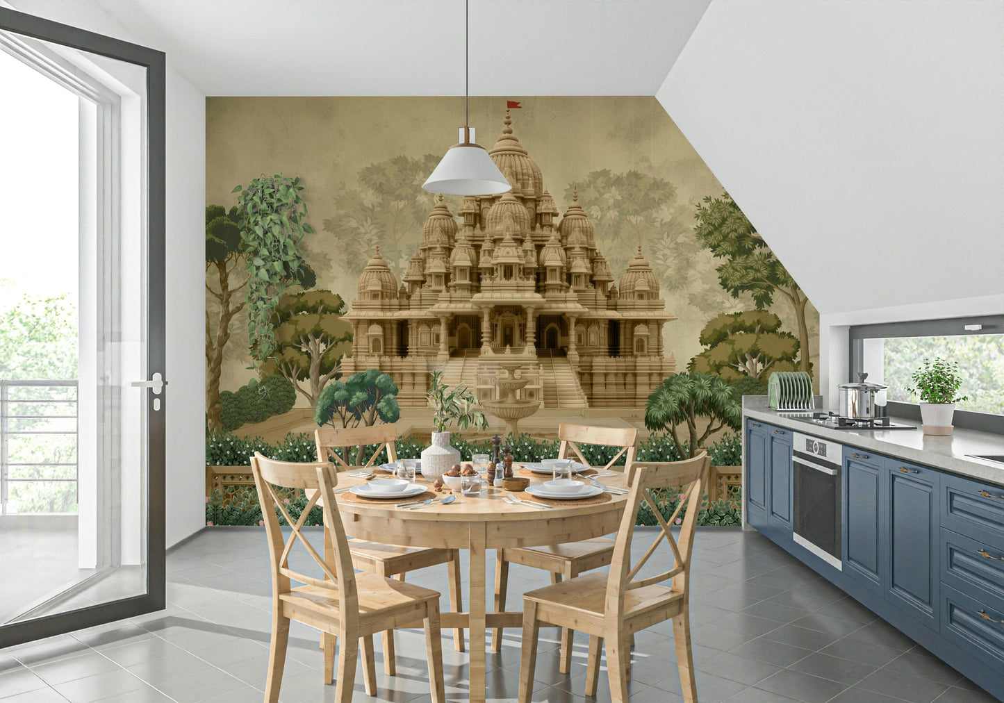 Divine Devalaya wall mural detail with carved-style borders and textures
