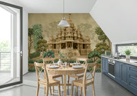 Divine Devalaya wall mural detail with carved-style borders and textures
