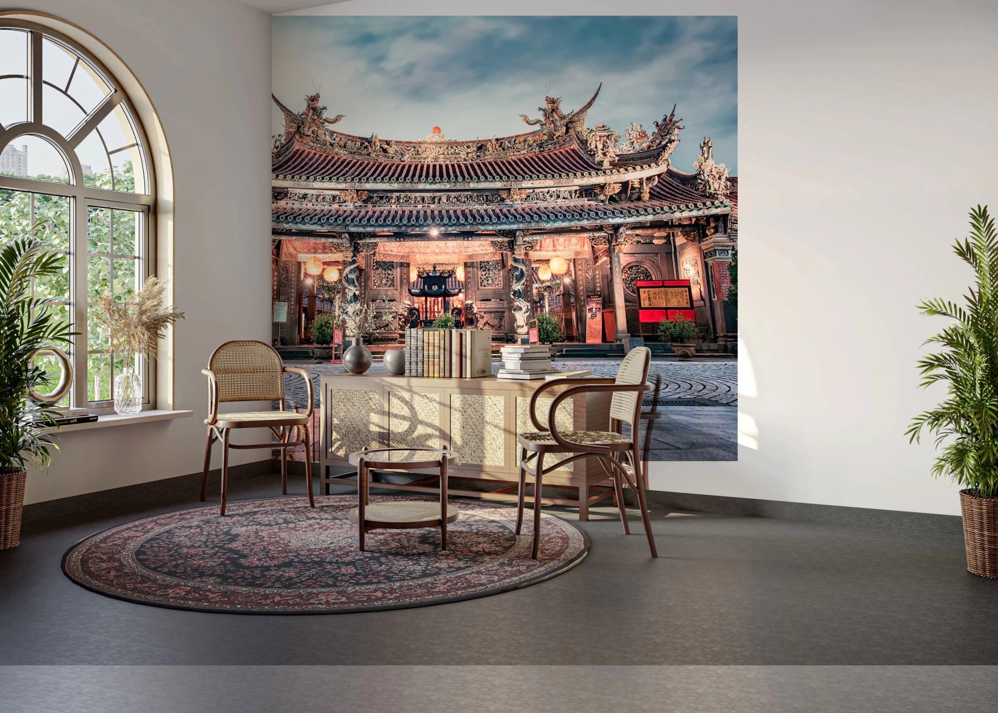 Grand temple wall mural defines sofa backdrop