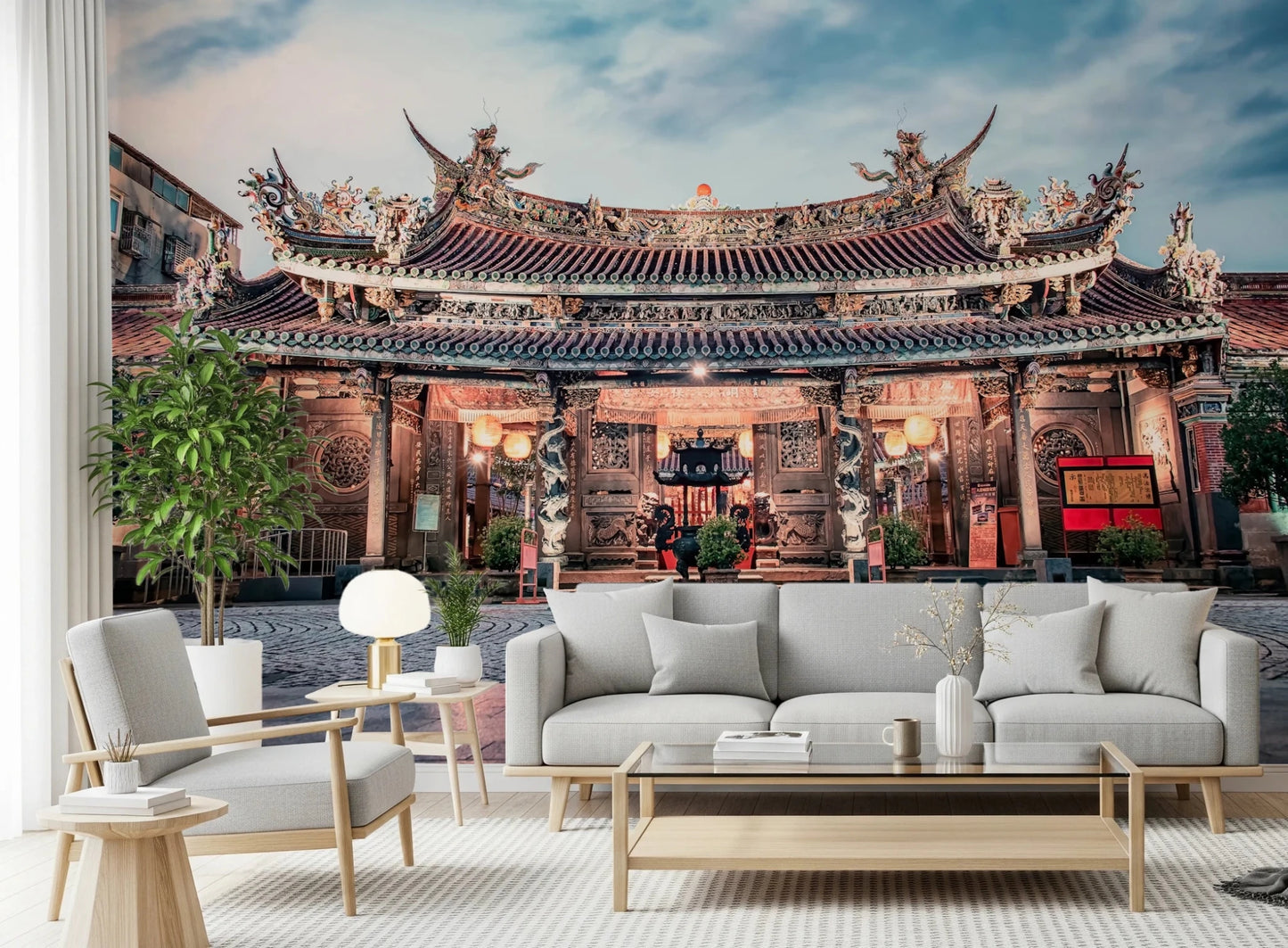 Detailed temple wall mural complements neutral decor