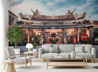 Detailed temple wall mural complements neutral decor