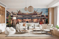 Vibrant twilight temple mural highlights sunset sky