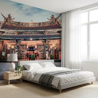 Sunset temple wall mural brightens airy studio