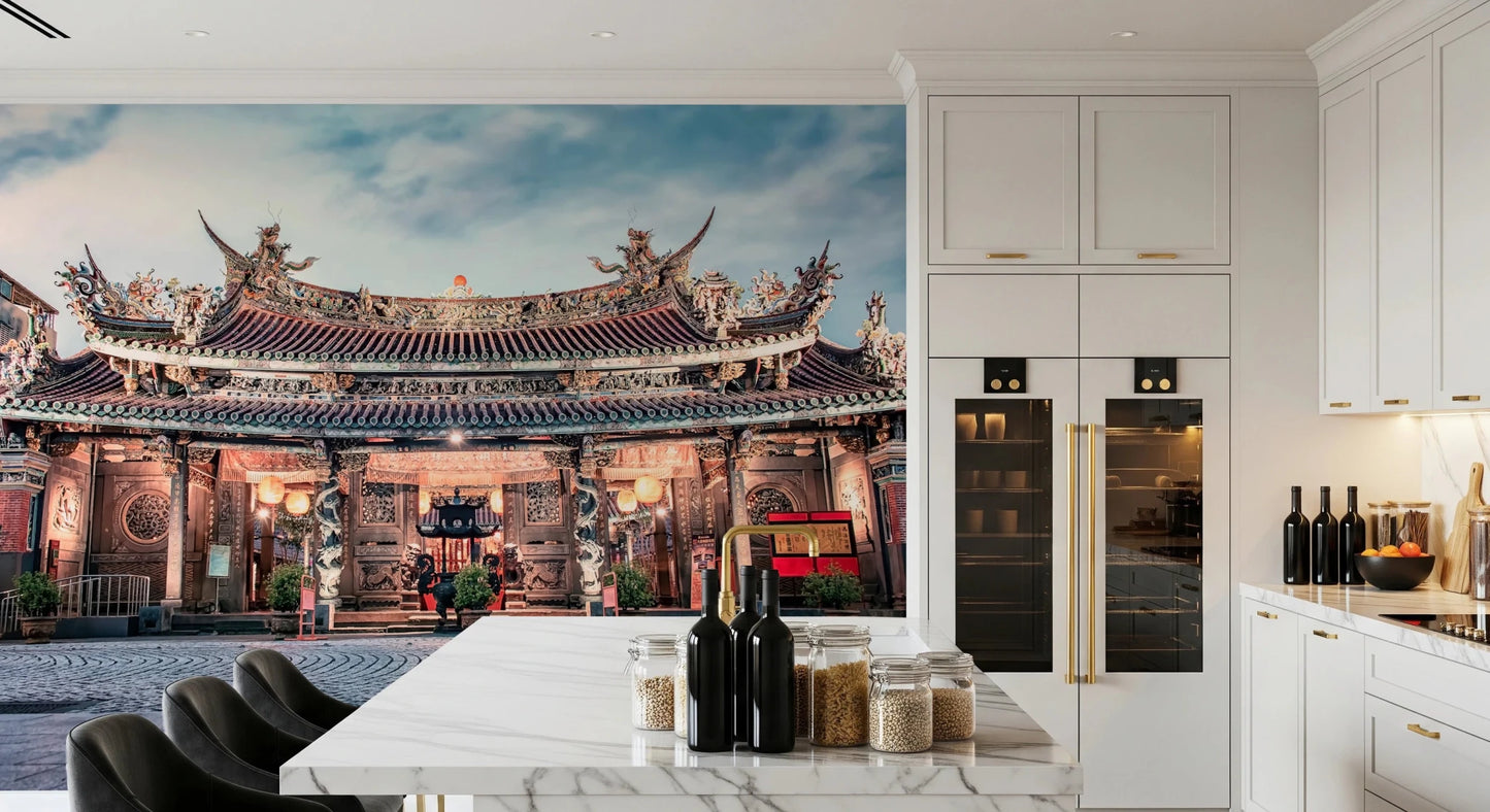 Elegant temple wall mural elevates open hall