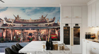 Elegant temple wall mural elevates open hall