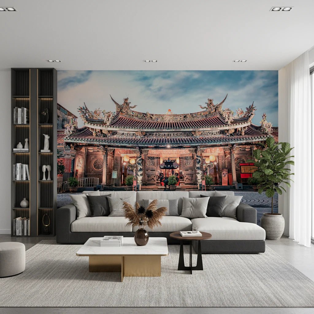 Panoramic temple wall mural expands wide interior
