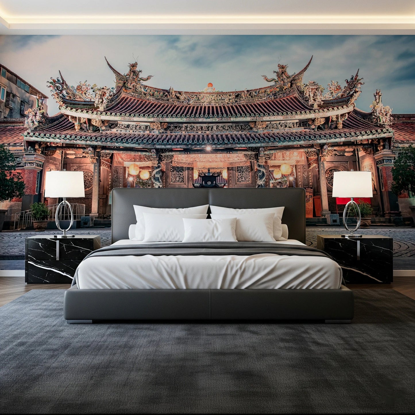 Serene temple wall mural enhances cozy bedroom