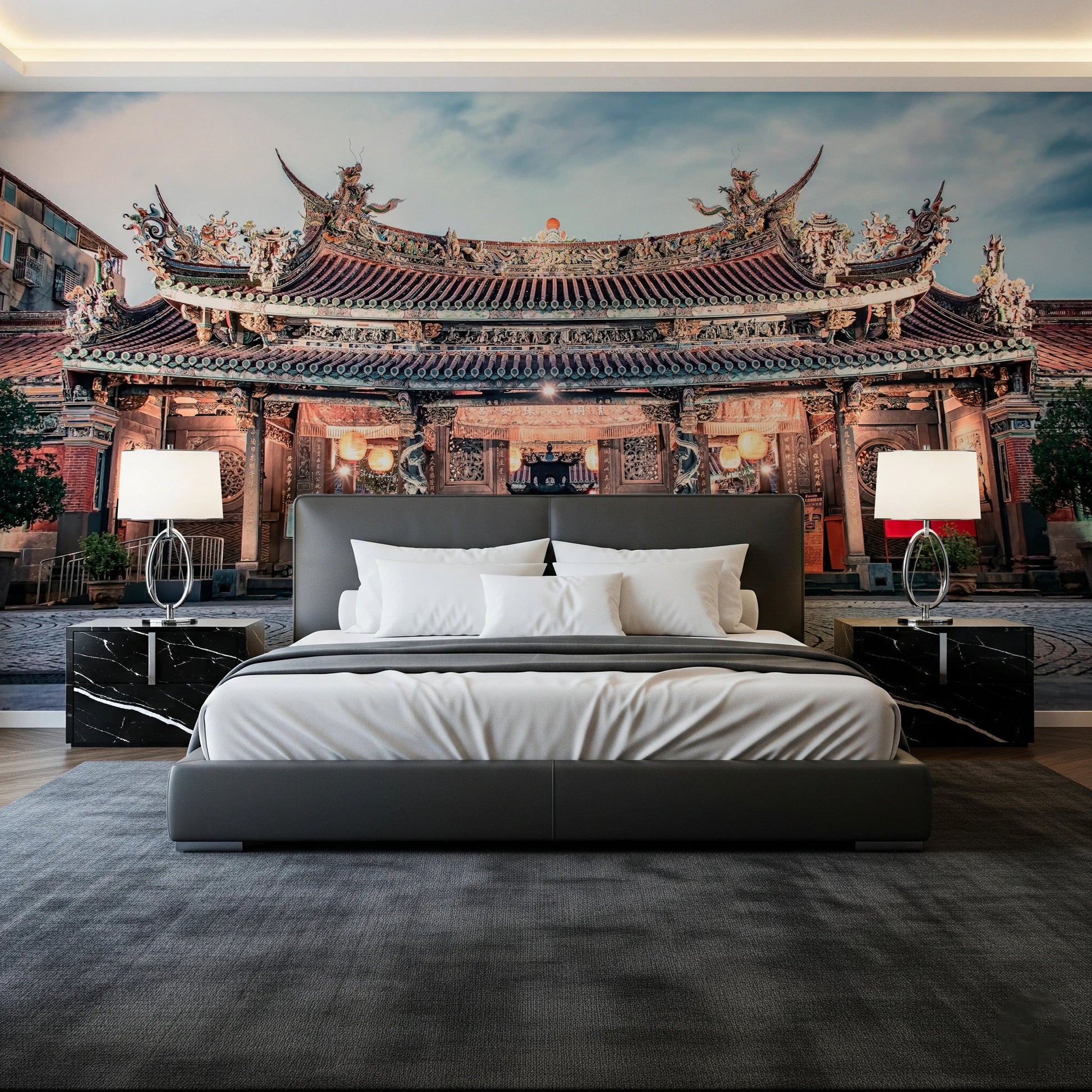Serene temple wall mural enhances cozy bedroom