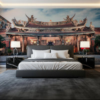 Serene temple wall mural enhances cozy bedroom