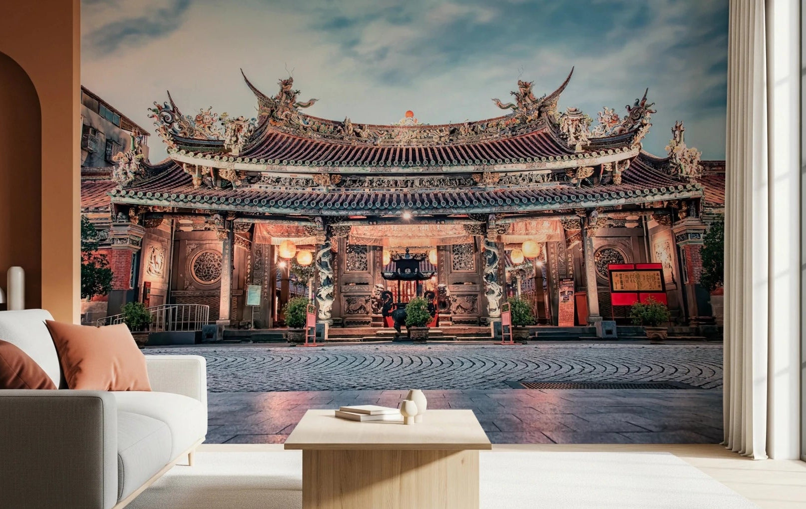 Twilight temple wall mural transforms modern bedroom