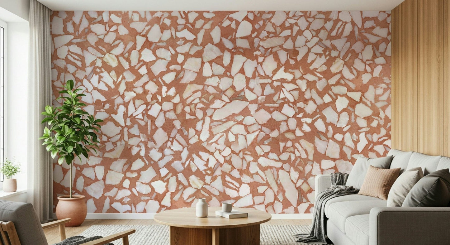 Terra-cotta natural wallpaper. Warm stone terrazzo mural design.
