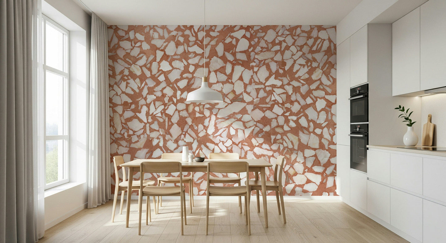 Stone terrazzo wall mural. Chunky white aggregate scattered pattern.