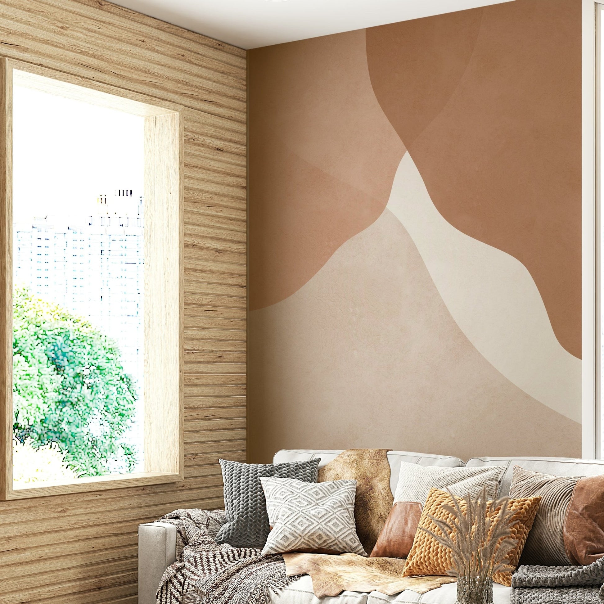 An abstract wall mural with flowing, curved shapes.

