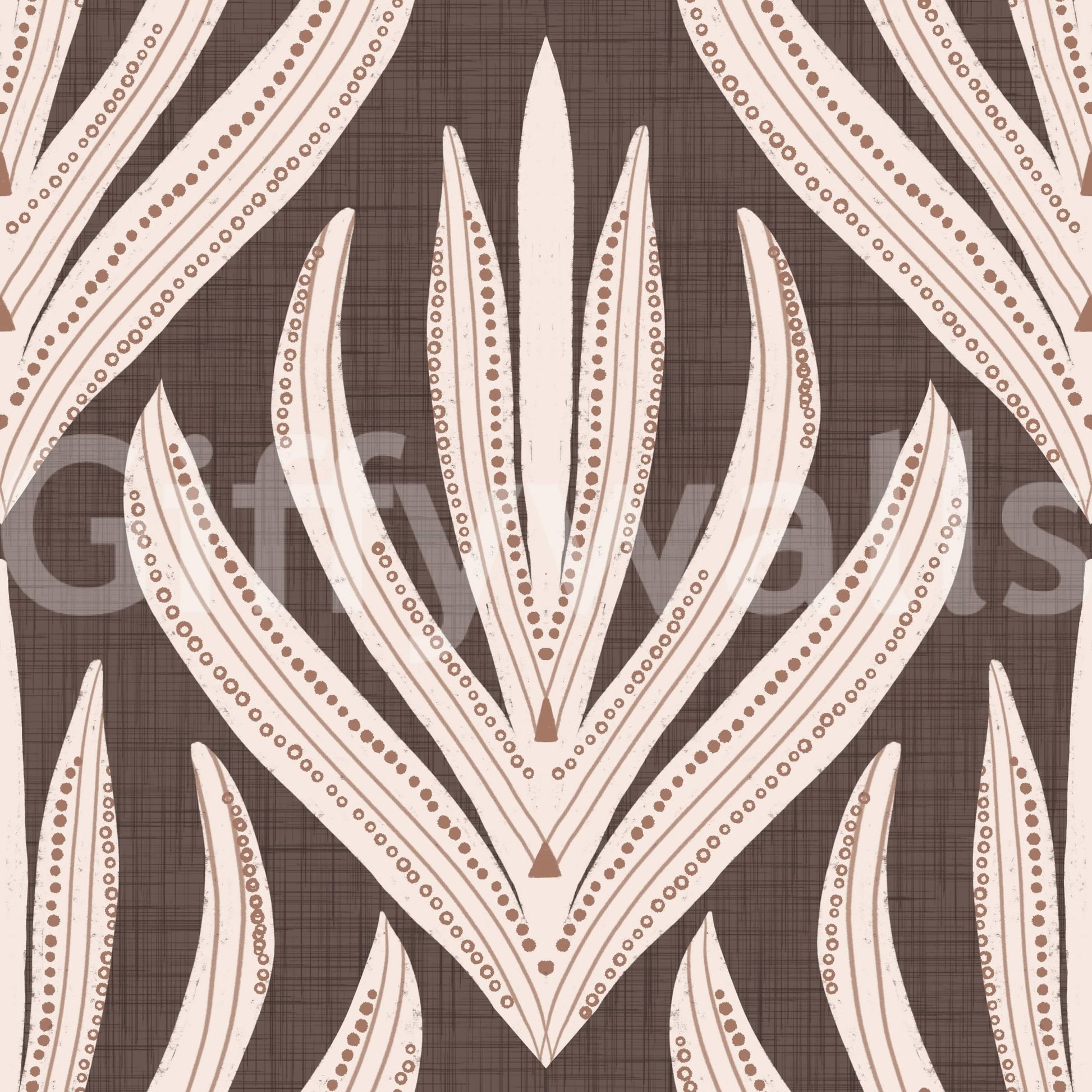 Decorative wallpaper featuring cream and terracotta leaf illustrations on a natural brown background.