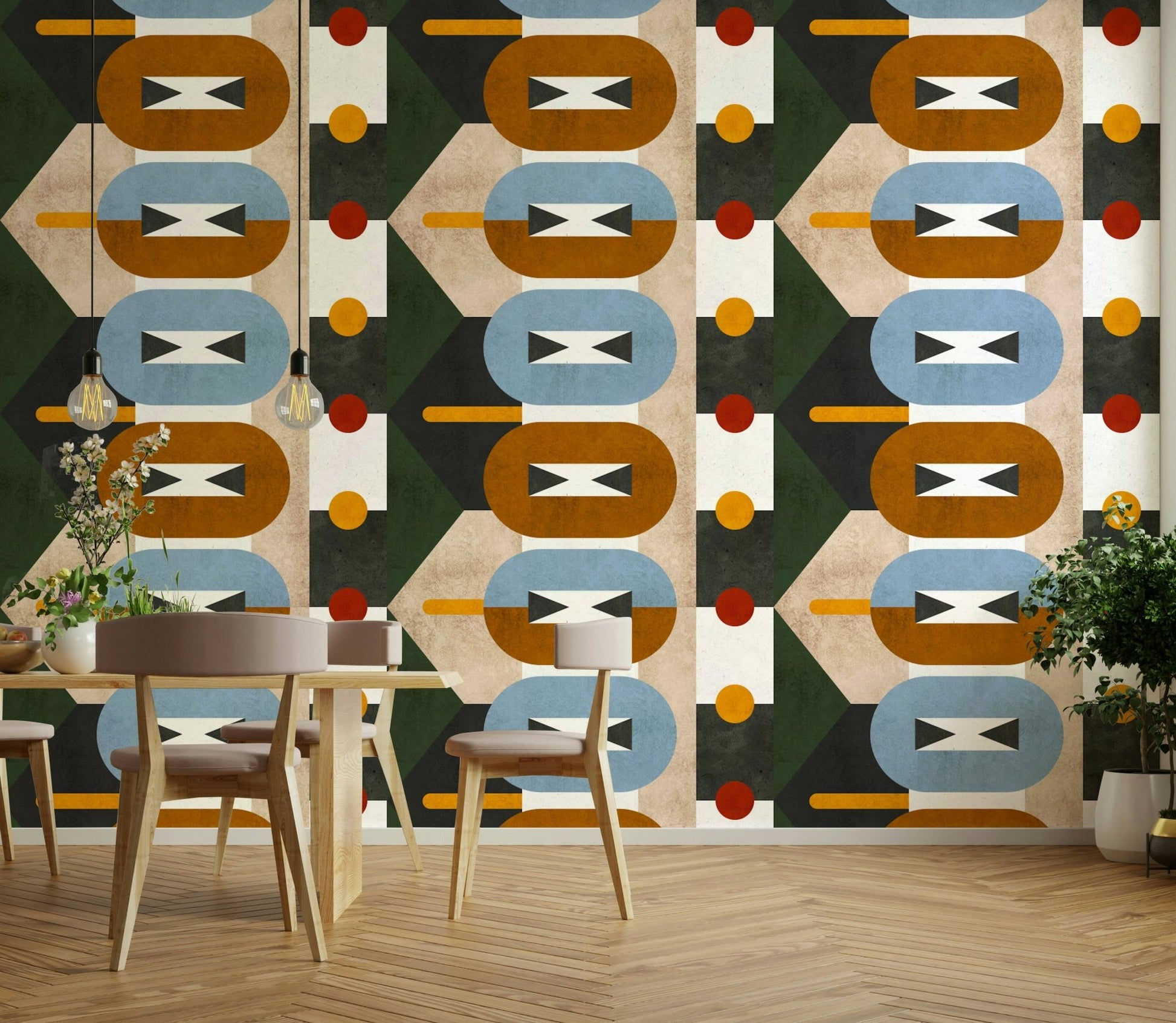 Wall mural featuring clay and sand-toned shapes

