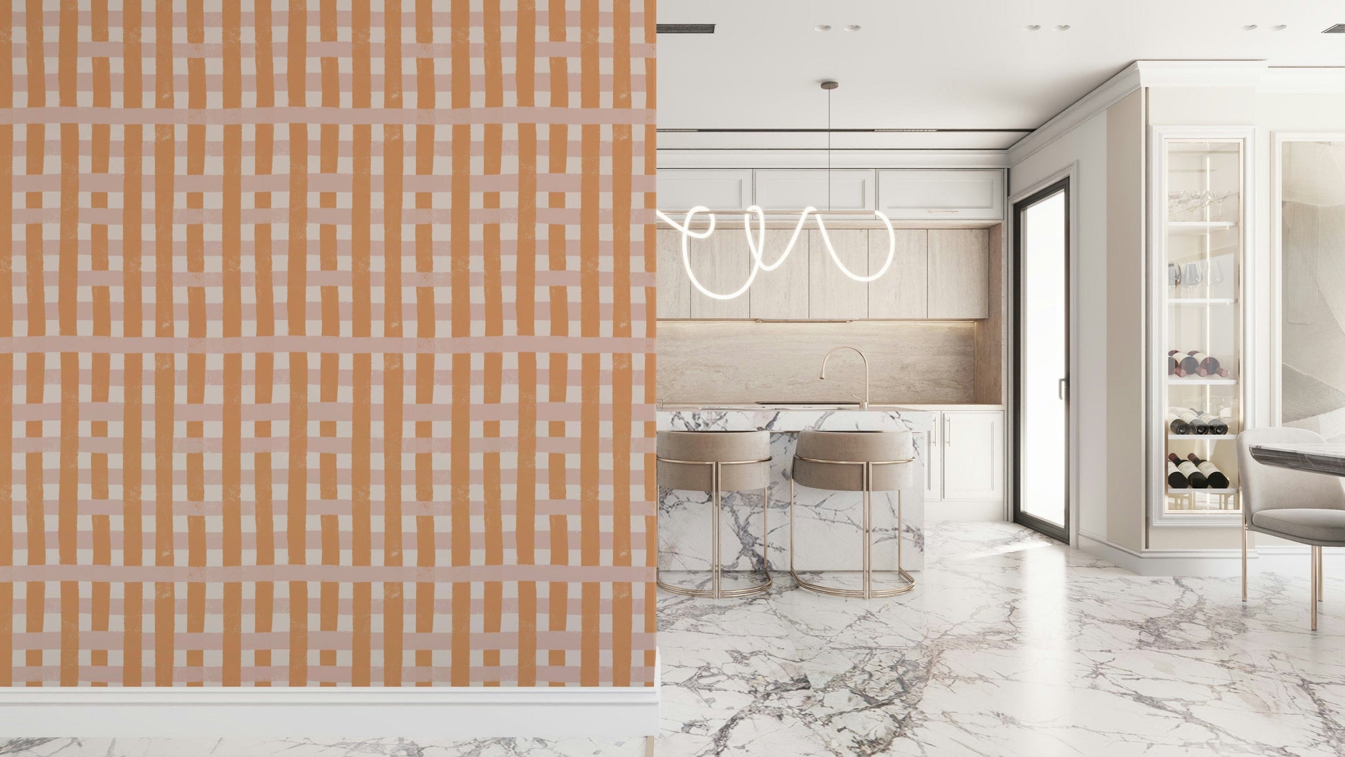 Vertical stripes in terracotta and neutral hues for a grounded, modern look.