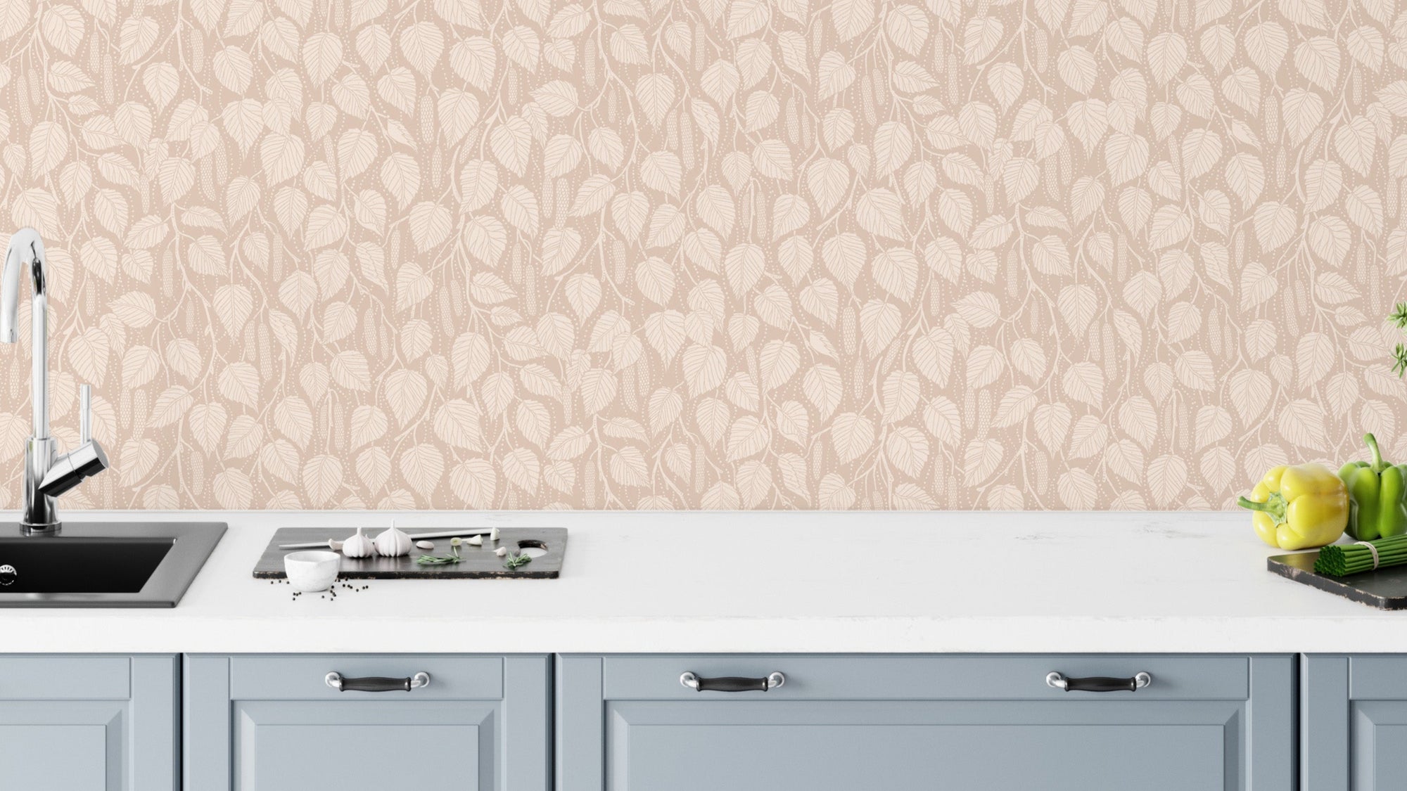 Terra-Toned Dewy Birch Branches wallpaper as a kitchen backsplash above blue-gray cabinets and a white counter