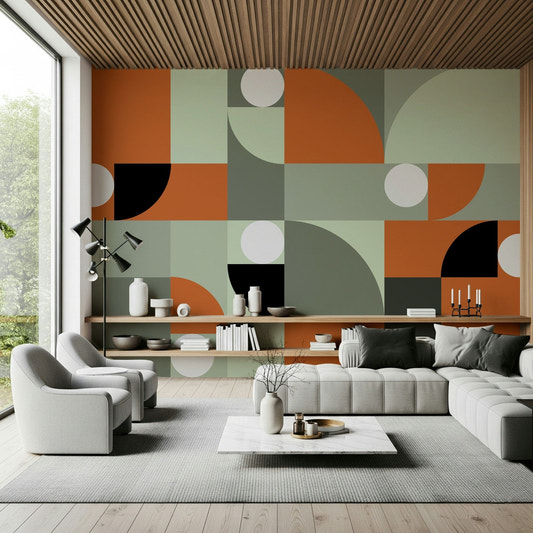 Modern wall mural featuring a blend of warm terracotta and cool gray tones for balanced décor.