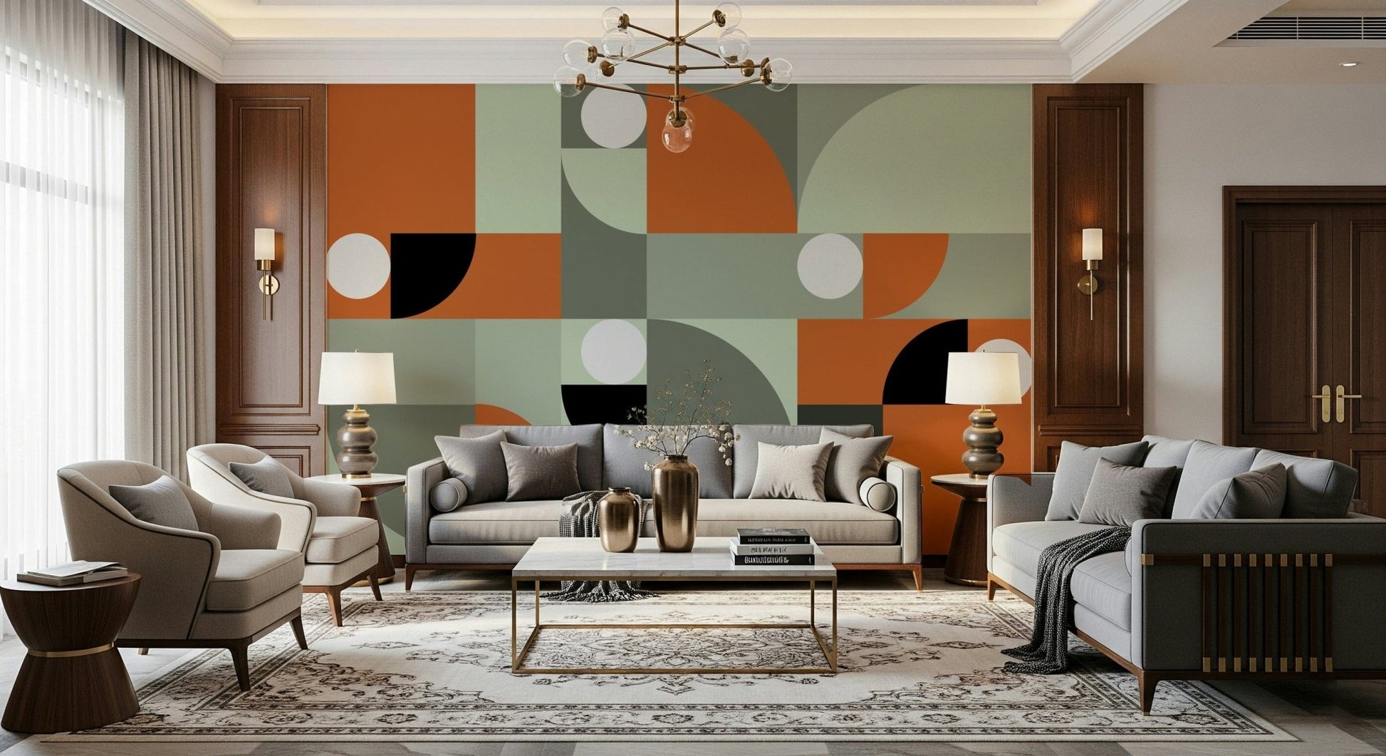 Abstract terracotta and gray wallpaper mural ideal for modern living rooms or offices.