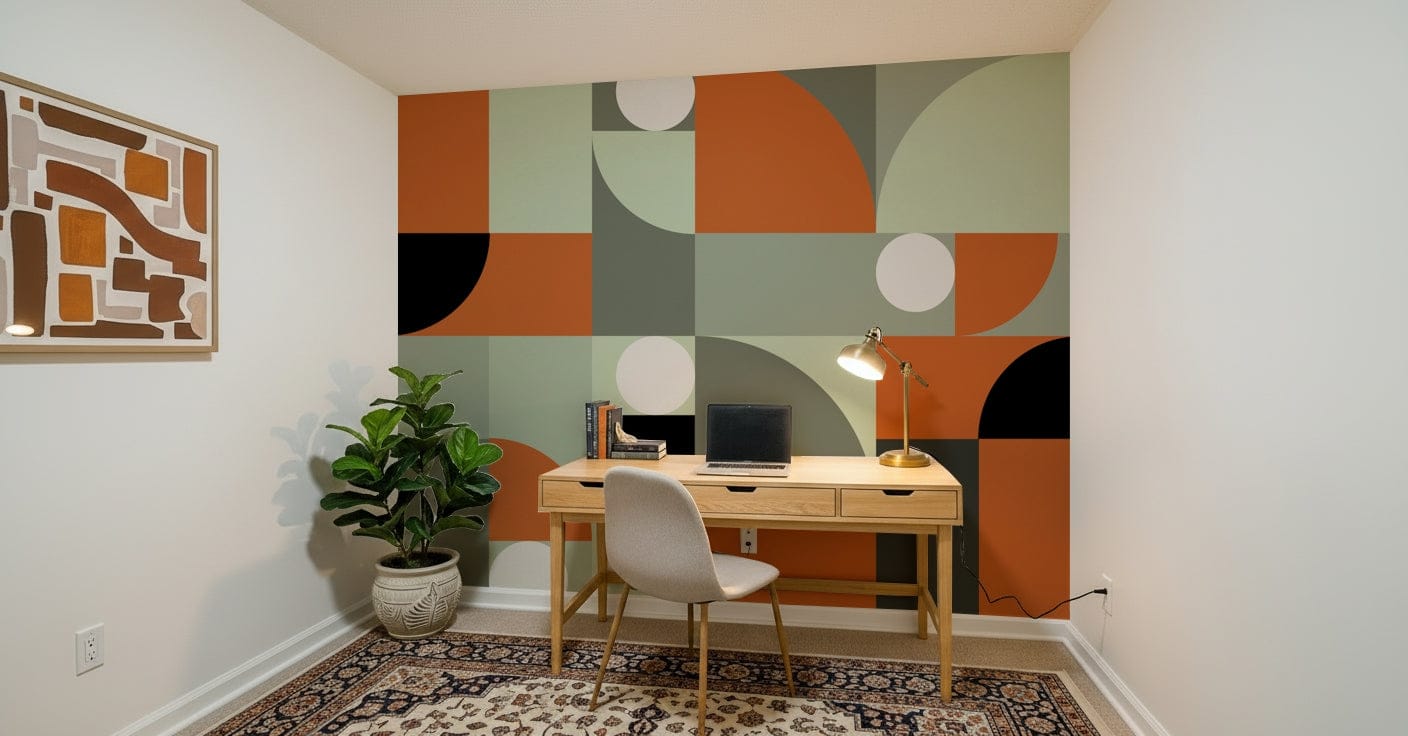 Contemporary mural combining rustic terracotta hues with soft gray shades for subtle contrast.