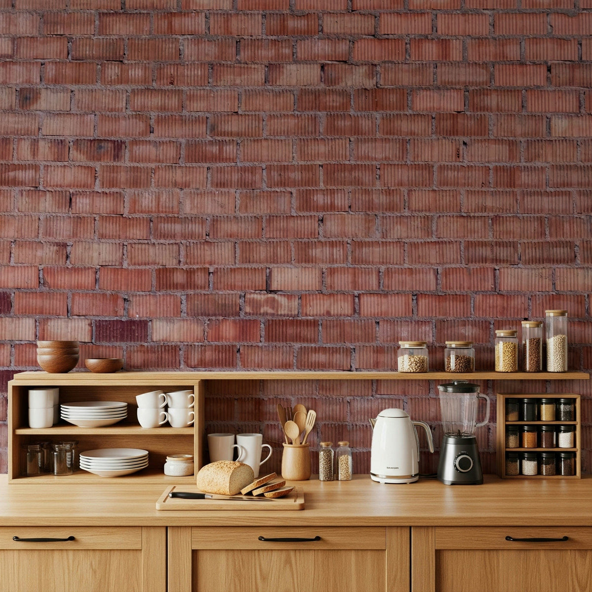 Terracotta Brick Wall Design Wall Mural featuring warm reddish-orange bricks with textured mortar for rustic interiors.