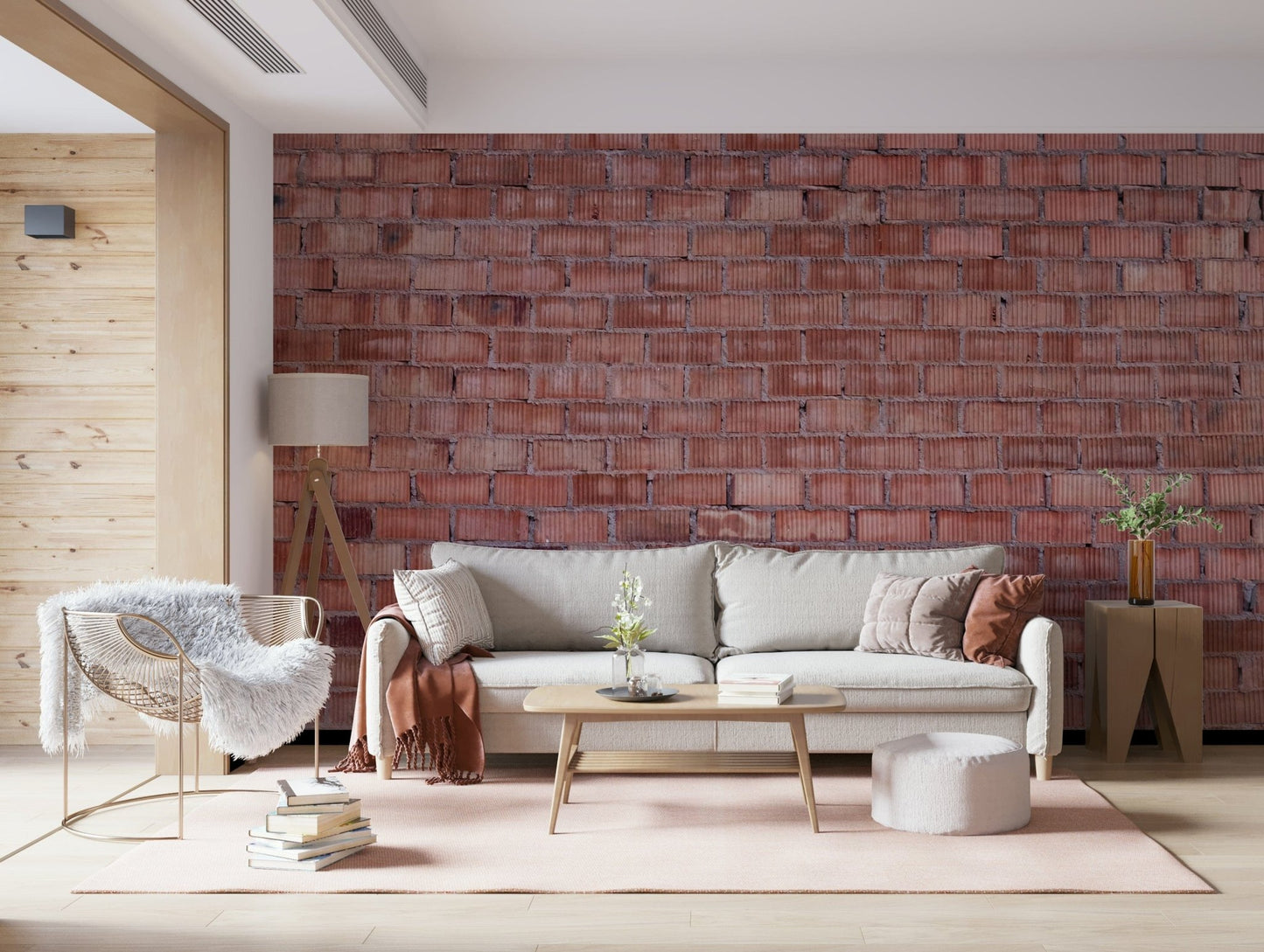 Terracotta brick texture wallpaper creating a bold, earthy, and natural feature wall.