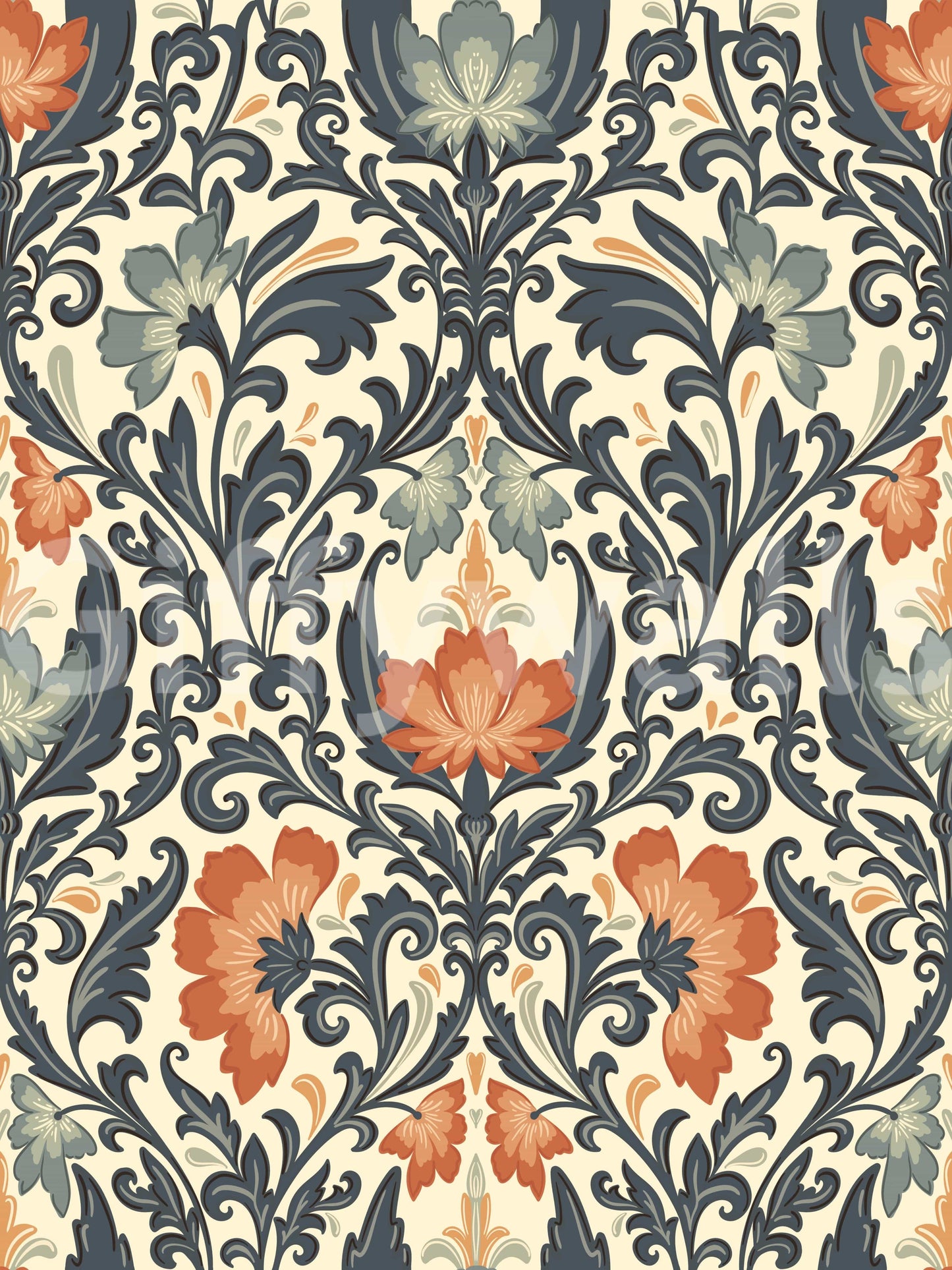 Custom wall covering, Timeless Floral Opulence product, dramatic color palette.
