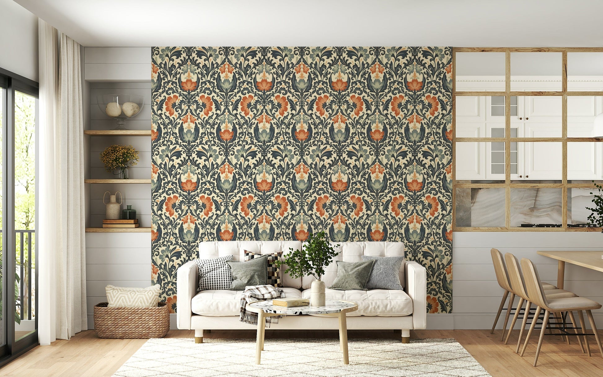 Ornate botanical wall mural, classic damask style, Timeless Floral Opulence.