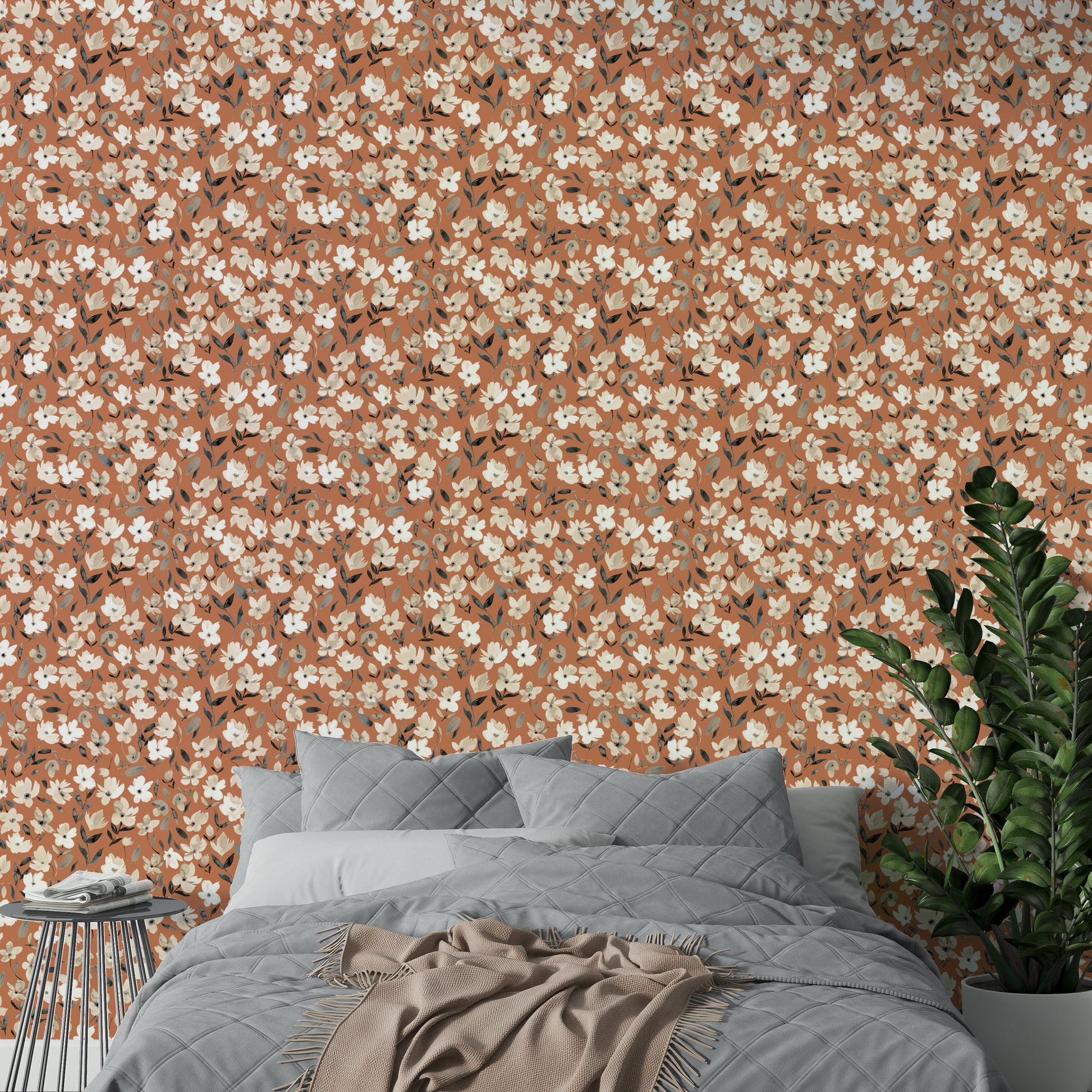 Elegant rustic floral wallpaper with copper accents

