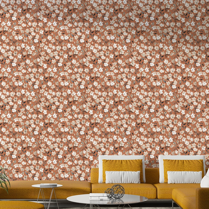 Warm floral wall mural with rustic copper details

