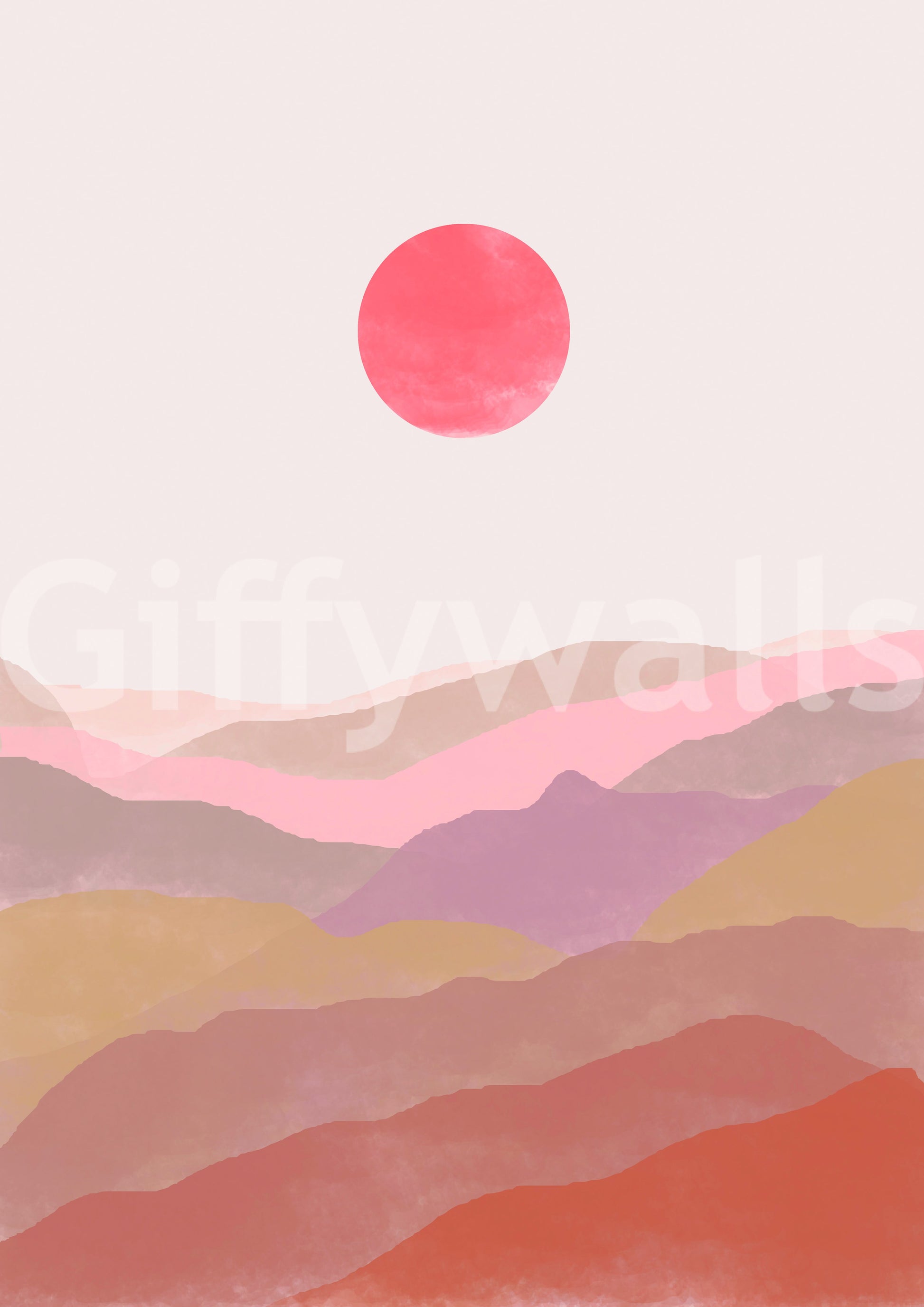 Serene hill landscape mural in terracotta hues

