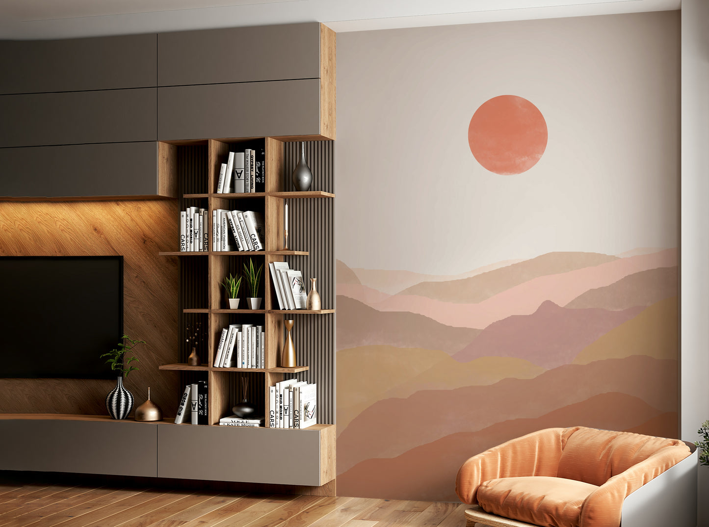 Sunset-style terracotta hills wallpaper mural


