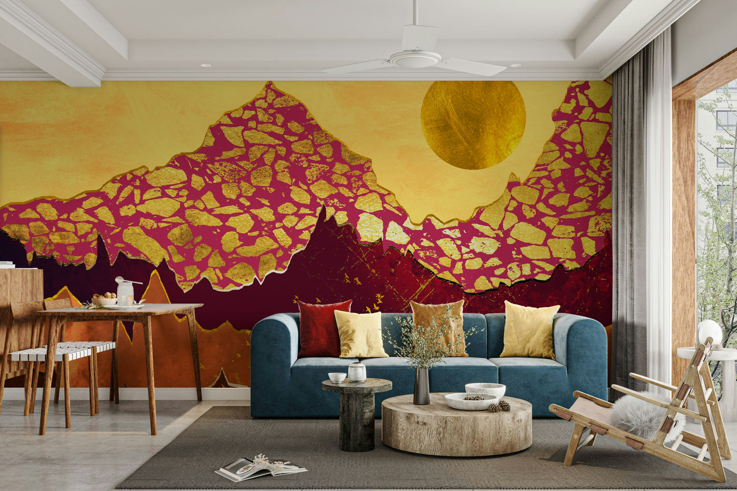 Mid-century modern wall decor showing geometric sun and hills in an office space.