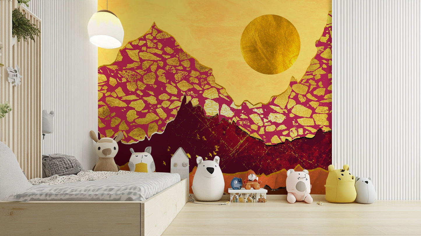 Abstract desert landscape mural with earthy orange hues in a sunlit dining area.