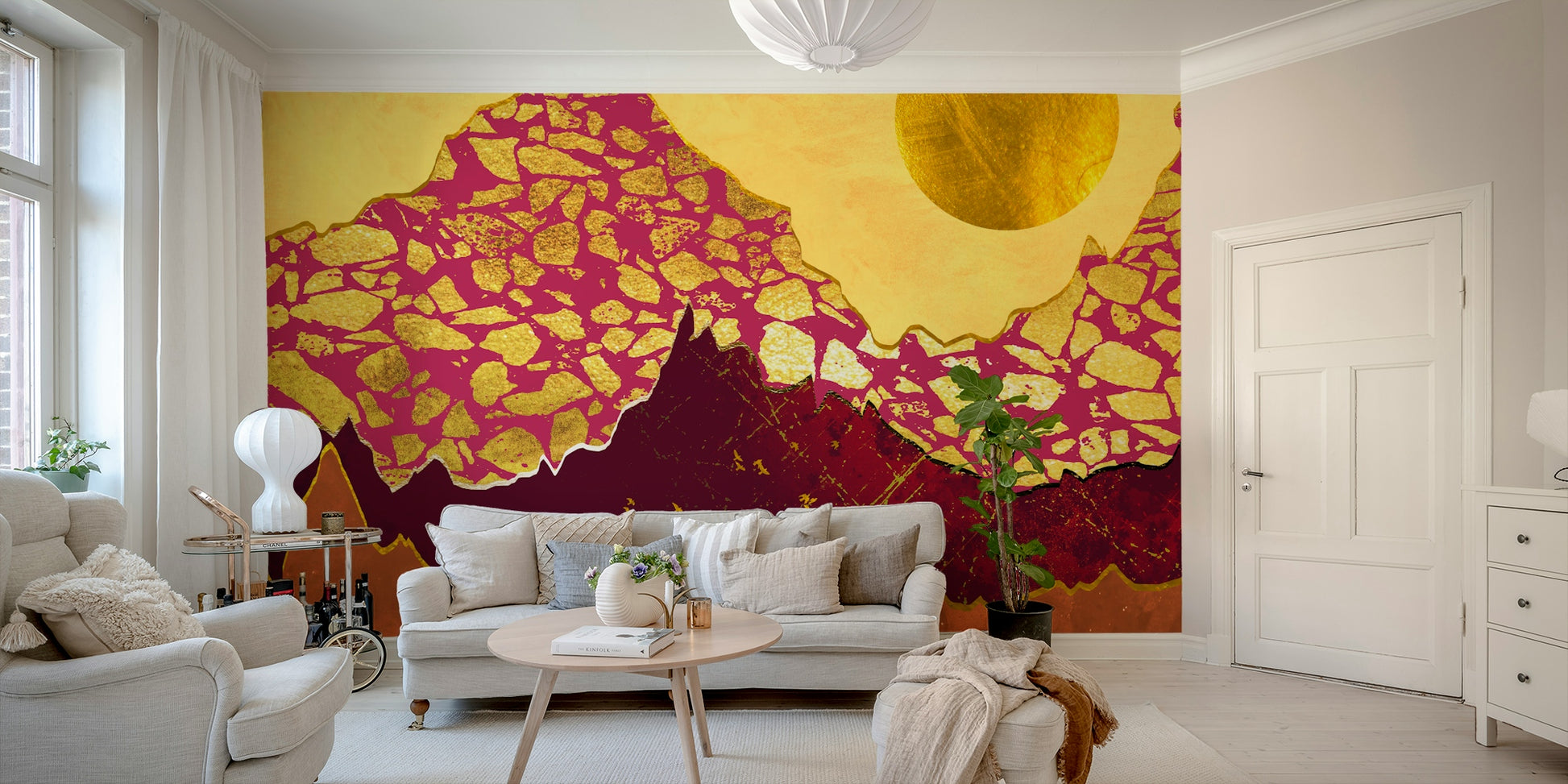 Geometric landscape silhouettes in a crisp white kitchen for an organic touch.