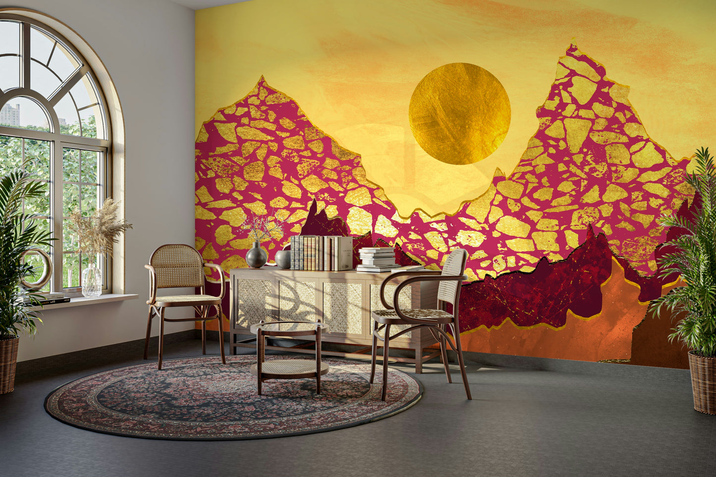 Minimalist arch design with a setting sun for a contemporary bedroom feature wall.