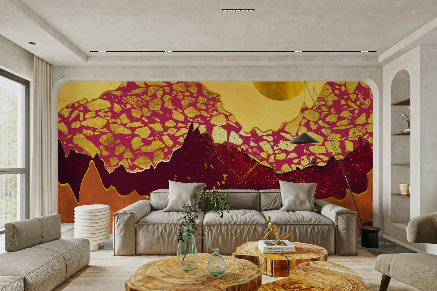 Terracotta Sunset Mural Wallpaper in a bright nursery with wooden crib and neutral rug.