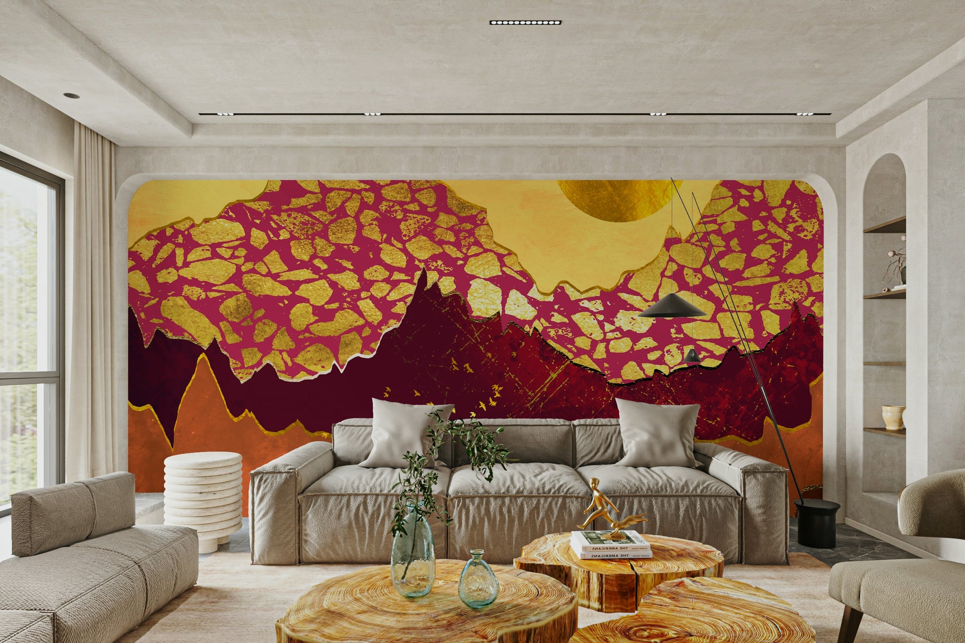 Terracotta Sunset Mural Wallpaper in a bright nursery with wooden crib and neutral rug.