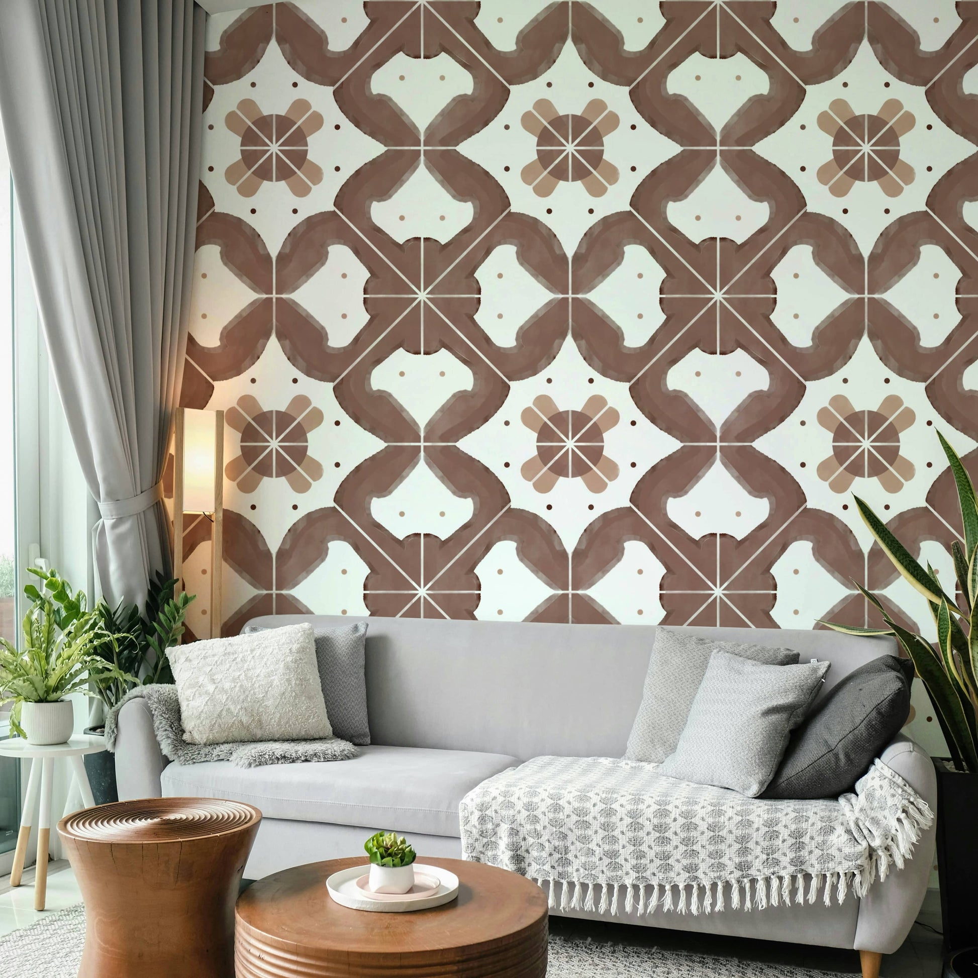 Detailed terracotta tile print on wallpaper

