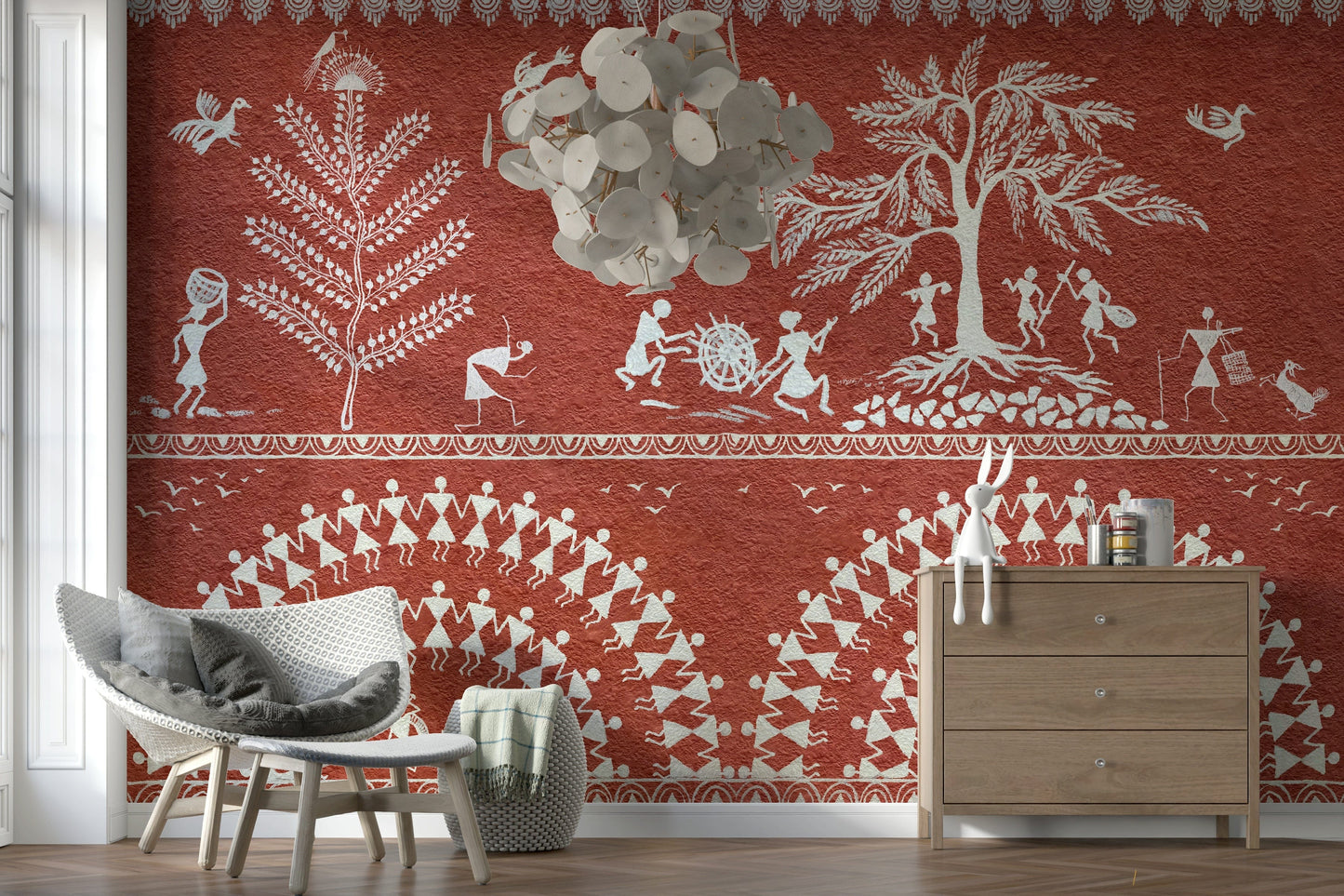 Artistic tribal wall art for a bathroom with modern brass fixtures.