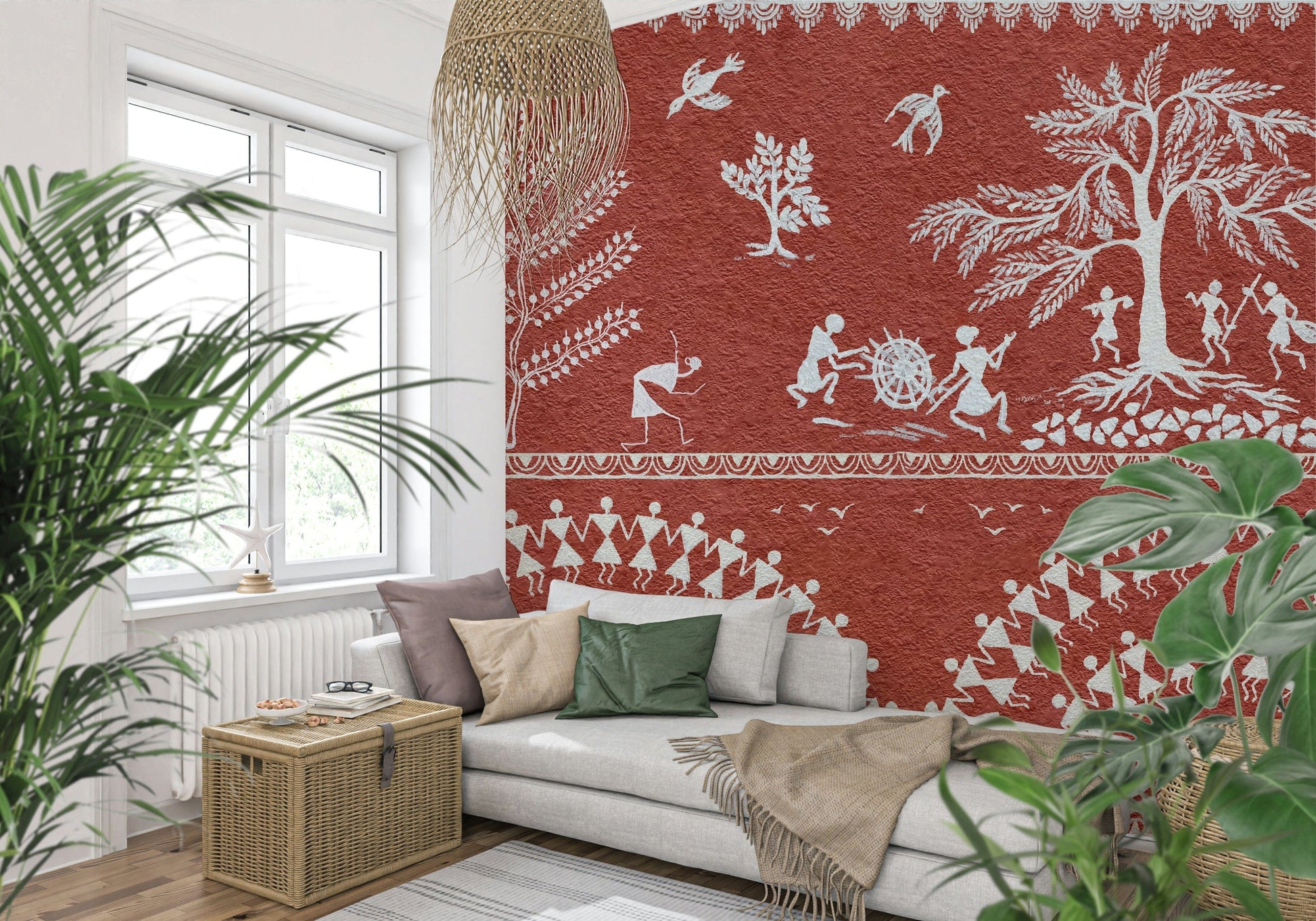 Bohemian style wall decor in a guest bedroom with natural wood furniture.