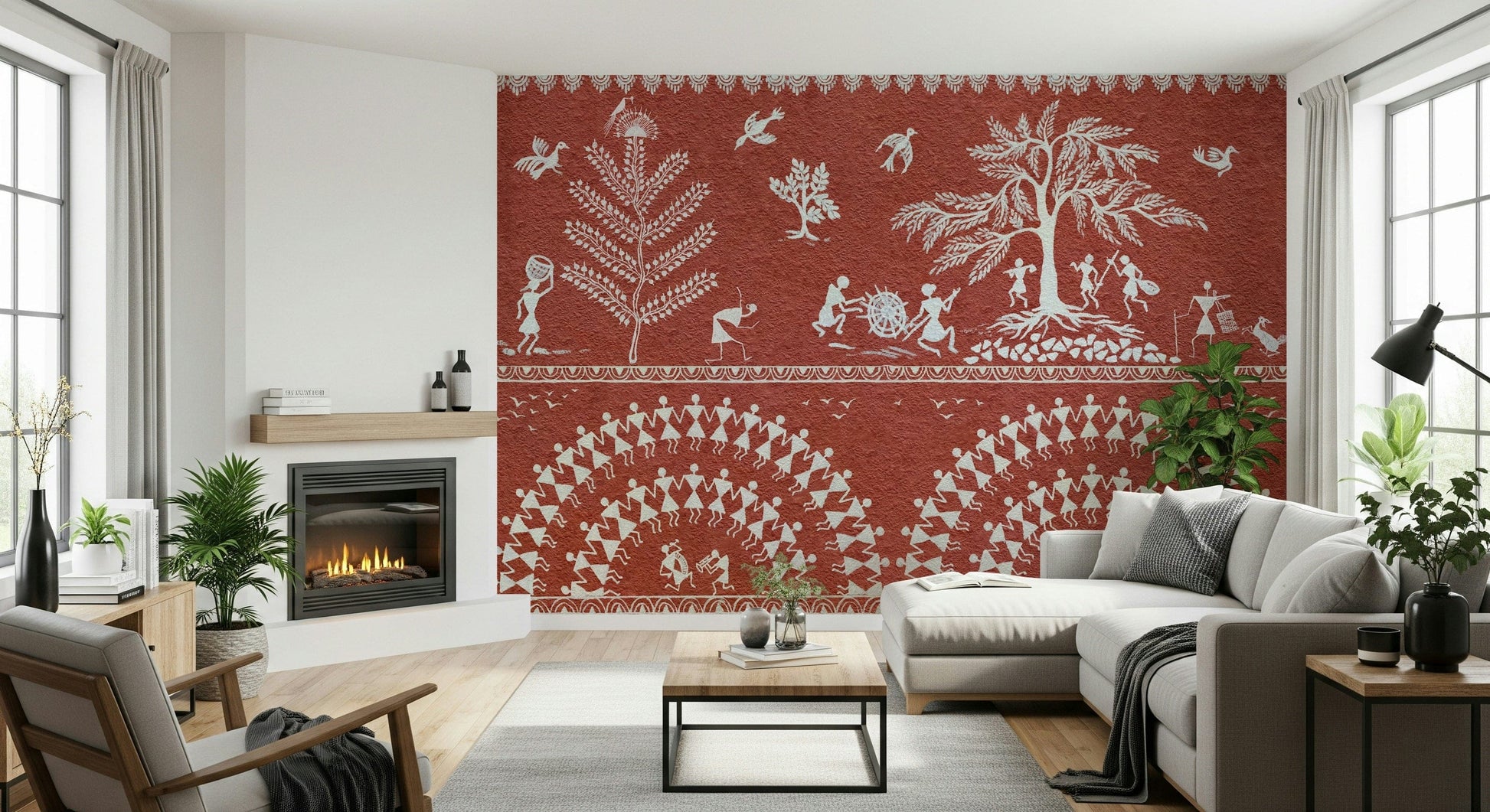Minimalist tribal pattern mural for a home office with black accents.