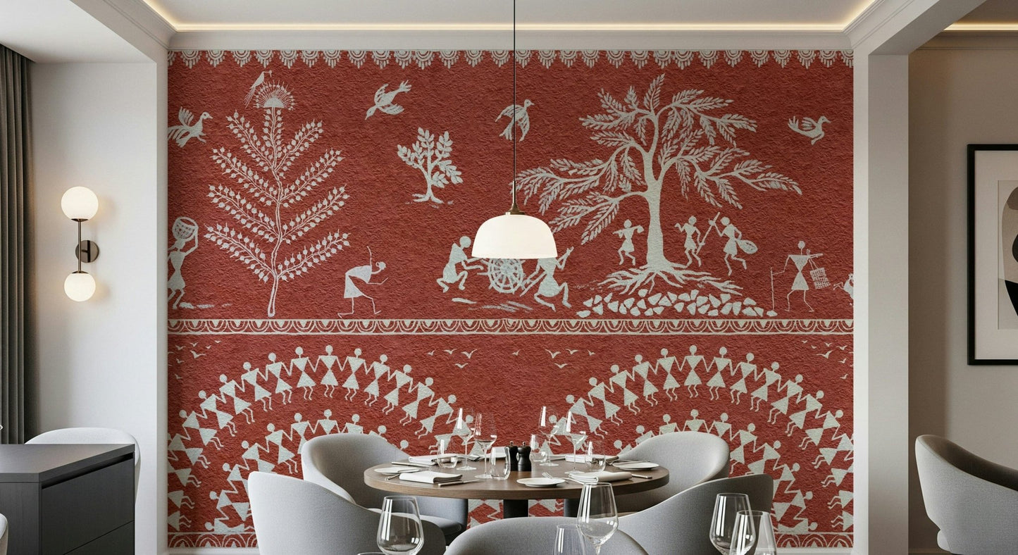 Warm clay colored mural behind a cognac leather sofa in an urban apartment.